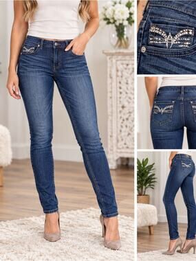 Miss Chic Women's Sz 9 Dark Wash Skinny Jeans Embroidered Pocket Jeweled #7